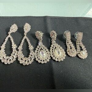 Vintage Rhinestone Pierced Earrings Bundle – Silver Tone Sparkle (3 Pair)